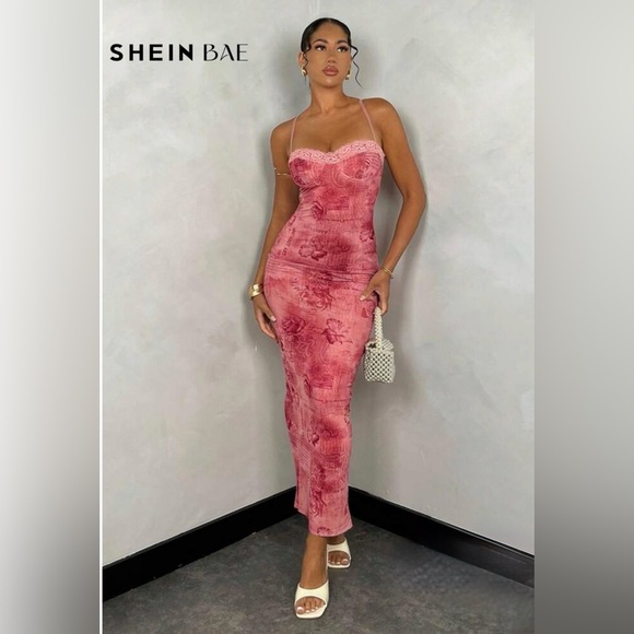 SHEIN Dresses & Skirts - SHEIN Pink Floral Lace Trim Corset‑Style Mesh Maxi Dress — Size S
